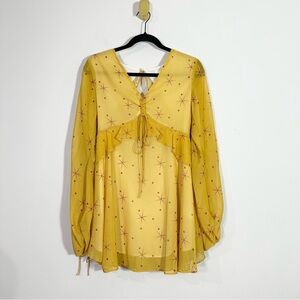 Simple Retro Yellow Red Straburst V-Neck Long Sleeve Babydoll Mini Dress